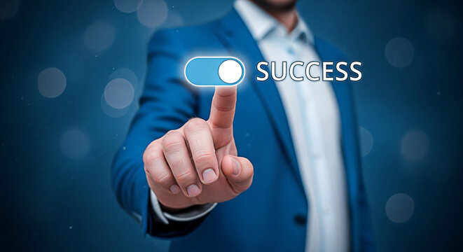 Man in suit activates success button on a digital interface for business achievement and motivation
