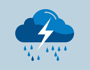 Flat Design Icon of Stormy Cloud with Lightning Bolt and Rain Drops, Severe Weather Concept