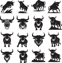 Collection of Vector Illustration Bull Silhouettes in Various Poses and Styles for Graphic Design Projects and Branding Ideas