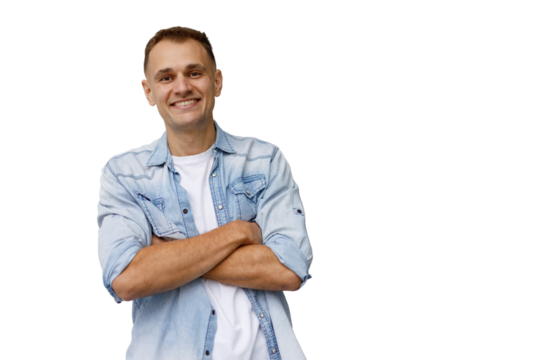 Smiling man posing with arms crossed wearing denim shirt, looking at camera on transparent background - Powered by Adobe