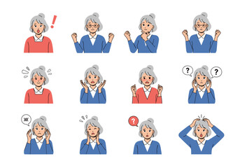 Collection of elderly women displaying a wide range of human emotions and expressions.
