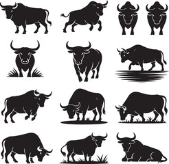 Powerful Bull Silhouette Collection Depicting Strength and Determination in Livestock and Zodiac Representations