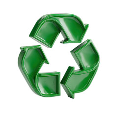 Glossy, three-dimensional green recycling symbol, arrows interlocked, forming a circular emblem