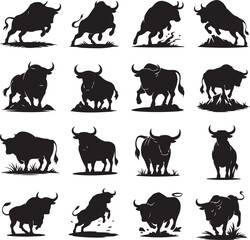 Powerful Bull Silhouette Collection Energetic Cattle in Motion Diverse Poses and Stances Depicted Vector Set