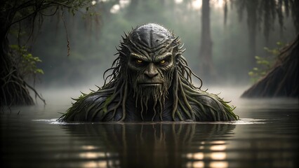 Swamp creature emerging from the murky water, a mystical and eerie scene