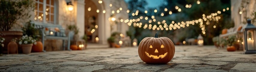 Enchanted hearth: a pumpkin's smile in the light of autumn. Blockbuster poster. A cheerful pumpkin illuminated by gentle fairy lights on a fireplace. Film poster. Movie cover.