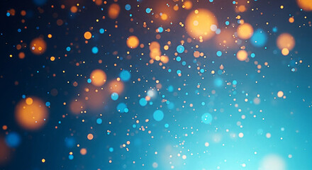 Abstract bokeh lights create a magical and dreamy atmosphere on a dark blue background with glowing orange and teal circles and dots