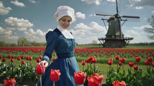 Joven vestida con el traje folclórico tradicional holandés  que camina sonriendo por campos de  tulipánes rojos