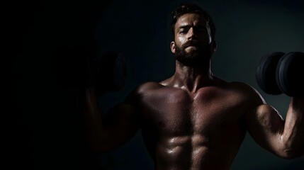 A muscular bearded man performs an Arnold press with dumbbells in a dark dramatic setting highlighting his toned physique and sweat
