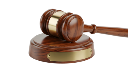A wooden gavel with a gold band and a wooden base with a gold plate isolated on transparent background
