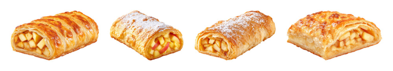 Golden baked apple strudel pastry with flaky crust and sweet filling, isolated on black background, PNG set with transparent background