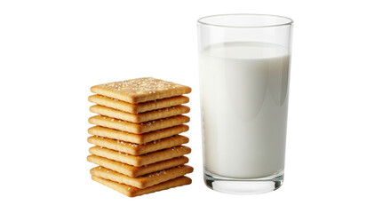 Isolated crackers and glass of milk, a classic treat, simple snack and childhood memory