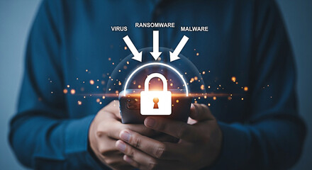 Man holding smartphone with digital security shield against virus ransomware and malware threats for data protection and cybersecurity concept