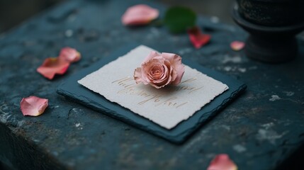 Elegant Floral Arrangement with Rose and Handmade Paper on Rustic Stone Background