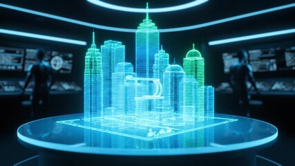 Futuristic cityscape showcased as holographic model, featuring glowing skyscrapers in blue and green, set in high tech environment that emphasizes innovation and advanced technology - Powered by Adobe