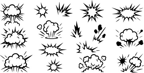 Set of black outline comic explosion and smoke effects on a transparent background. Vector collection for cartoons, games, and dynamic design elements