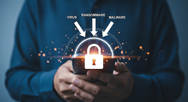 Man holding smartphone with digital security shield against virus ransomware and malware threats for data protection and cybersecurity concept - Powered by Adobe