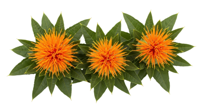 Isolated Flowers of Safflower with Green Leaves, Vibrant Orange Thistle-like Blossoms, Close-up