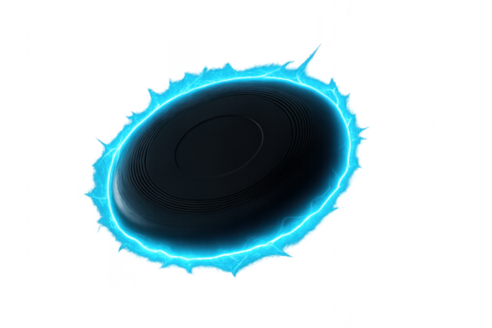 Flying saucer glowing with blue electric energy on transparent background