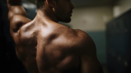 Close up rear view of a muscular man s defined back and shoulder glistening with sweat in a dark atmospheric locker room after workout