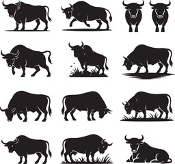Set of Bull Silhouette Vector Images Collection of Various Poses Depicting Strength and Power for Design Elements