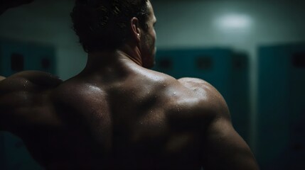 Muscular man s powerful back and shoulders glistening with sweat in a dimly lit locker room
