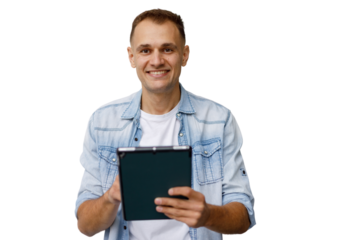 Man smiling and holding digital tablet, showing innovation, connectivity, and modern technology lifestyle