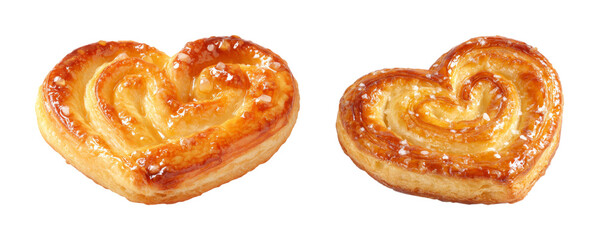 Golden heart-shaped puff pastry with delicate sugar crystals, a sweet temptation ready for your design projects PNG set with transparent background