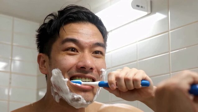 Persona haciendo una mueca exagerada y tonta frente al espejo del baño al cepillárse los dientes  