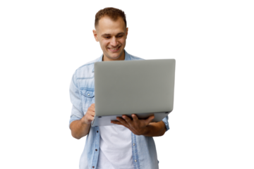 Man smiling, using laptop computer, enjoying online communication and remote work, transparent background