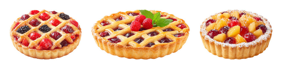 Delicious fruit tarts featuring assorted berries and fruit, artfully presented with a lattice crust and dusting of powdered sugar, PNG set with transparent background