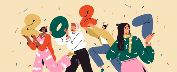 Happy 2027 New Year. People group, friends celebrating winter holiday, holding numbers in hands. Festive Newyear banner background with confetti, fun party celebration. Flat vector illustration.