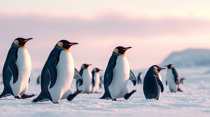 Fototapeta premium Modern flat design of penguins playing in the snow with surreal infrared tones and simple two-dimensional shapes