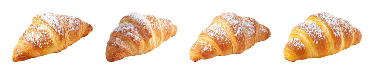 Golden, Flaky Croissant with a Dusting of Powdered Sugar, Perfectly Baked and Delicious, Isolated PNG set with transparent background