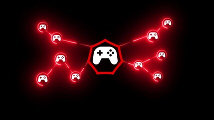 A glowing network of game controller icons connected by red lines, symbolizing online gaming, esports, and the interconnectedness of the gaming community - Powered by Adobe