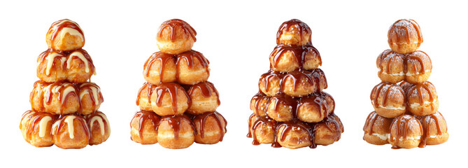 Obraz premium Decadent Croquembouche dessert towers drizzled with caramel and vanilla glaze, perfect for celebrations PNG set with transparent background