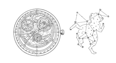 Fototapeta premium Detailed Astrolabe and Celestial Figure Black and White Astronomical Illustration