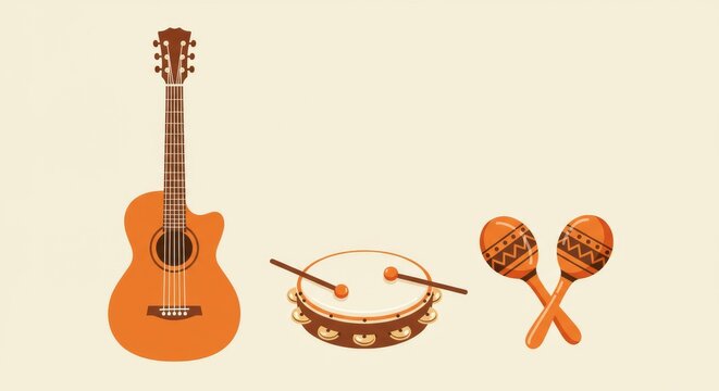 Acoustic Instruments Set Isolated on Cream Background