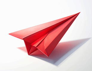 Red Paper Airplane Folded with Precision, Flying Forward on White Background