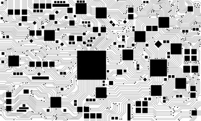 Abstract black circuit board technology connected lines electronics elements computer motherboard chip processor semiconductor digital on white background vector