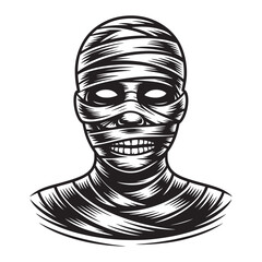 Eerie black and white illustration of a bandaged mummy head with glowing eyes and a grinning mouth
