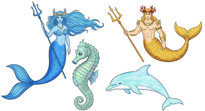 Mythical Sea Creatures: Mermaid, Merman, Seahorse, and Decorated Dolphin