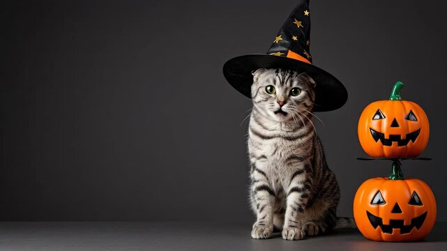 Halloween Cat in Witch Hat - A tabby cat is sitting and wearing a black witch hat with gold stars. Next to the cat is a stack of two orange pumpkins.