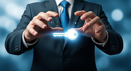 Businessman holding a glowing key representing security and access to opportunities