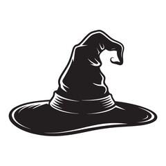 Silhouette of a classic pointed witch hat with a wide brim and curved top isolated on a white background