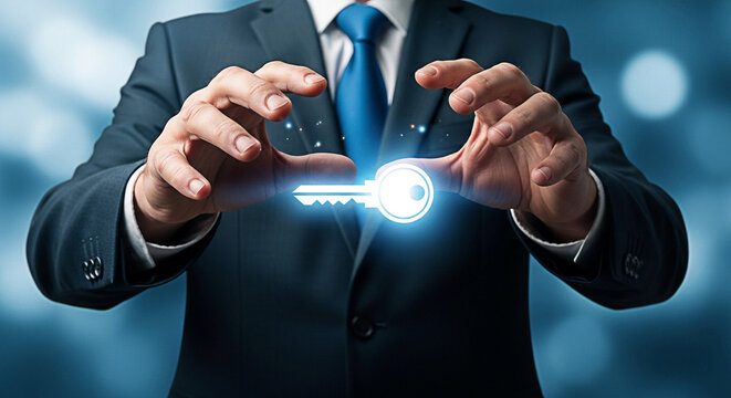 Businessman holding a glowing key representing security and access to opportunities