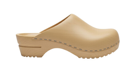 Isolated tan brown slide-on clog shoe, casual platform style, wooden color, everyday footwear