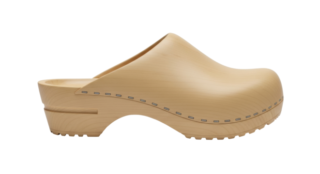 Isolated tan brown slide-on clog shoe, casual platform style, wooden color, everyday footwear