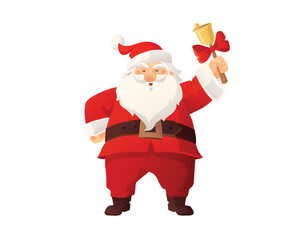 Cheerful cartoon Santa Claus ringing a Christmas bell with red bow. Holiday announcement, attention or message concept. For Christmas sale banners, greeting cards.Transparent background in vector file