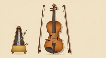 Fototapeta premium Violin and Bow Vector Set Isolated in Flat Minimal Style